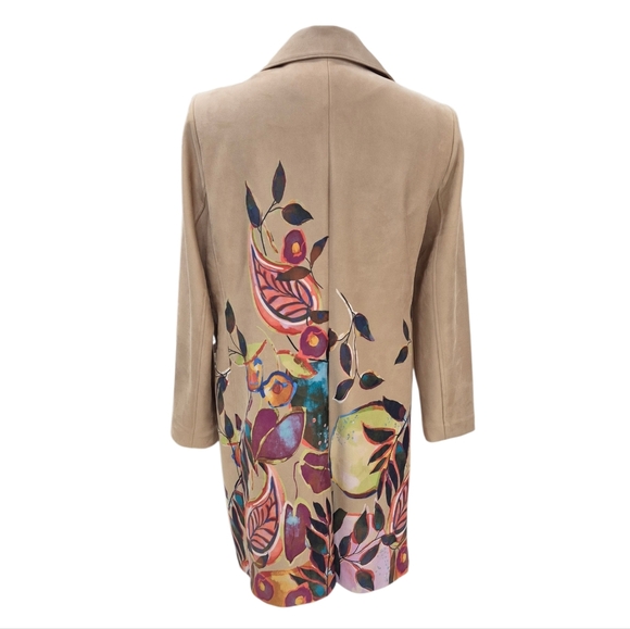 Chico's size 4 faux suede long duster jacket women's XXL tan watercolor leaves - Picture 2 of 13